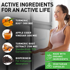 Close-up of turmeric, ginger and apple cider vinegar capsule ingredients with Curcumin 95% and Bioperine