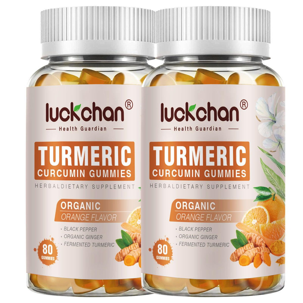 Turmeric and Ginger Gummies bottle label with 2-pack