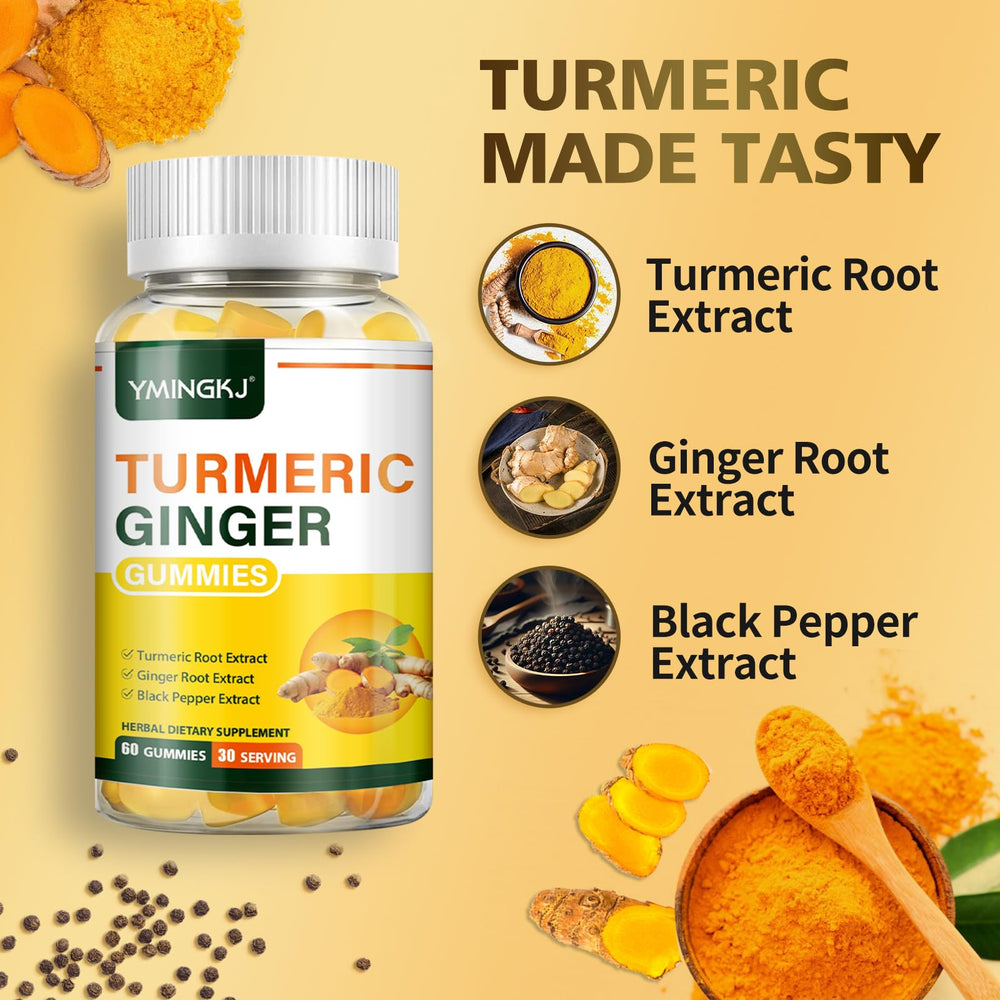 Close-up illustration of turmeric root, ginger root, and black pepper for absorption