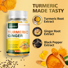 Close-up illustration of turmeric root, ginger root, and black pepper for absorption