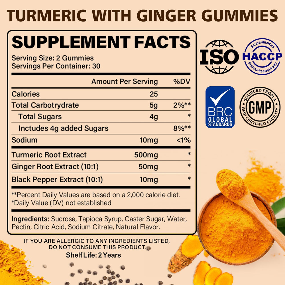 Front label of Turmeric Ginger Gummies showing key ingredients