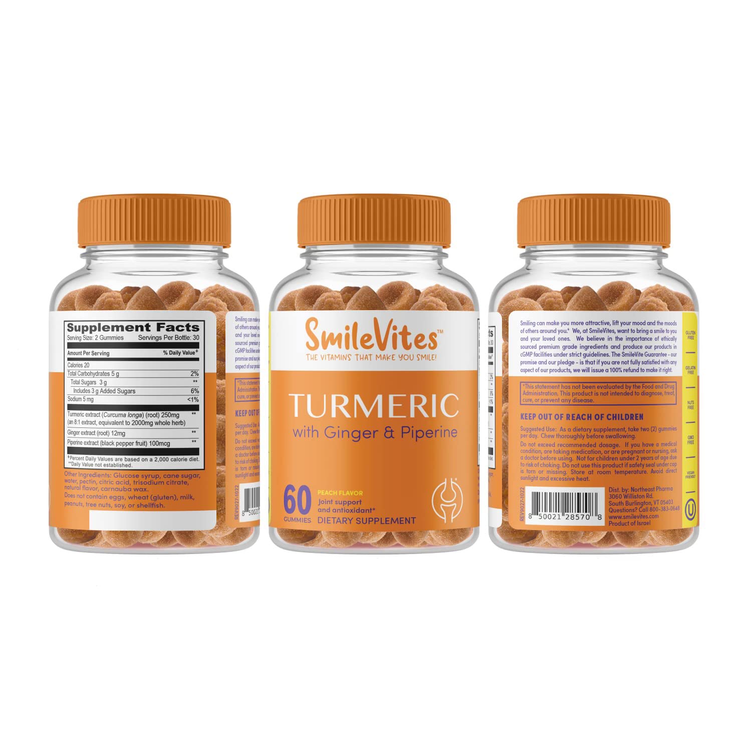 Close-up of peach-flavored turmeric gummies showing texture