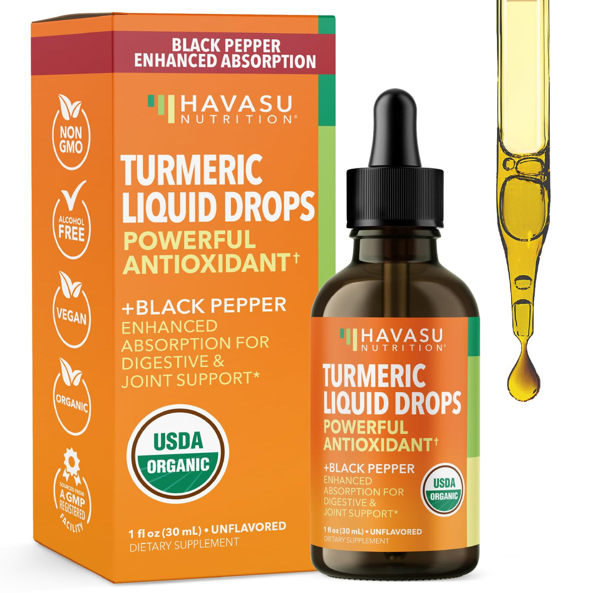 USDA Organic Turmeric Liquid Drops bottle with label