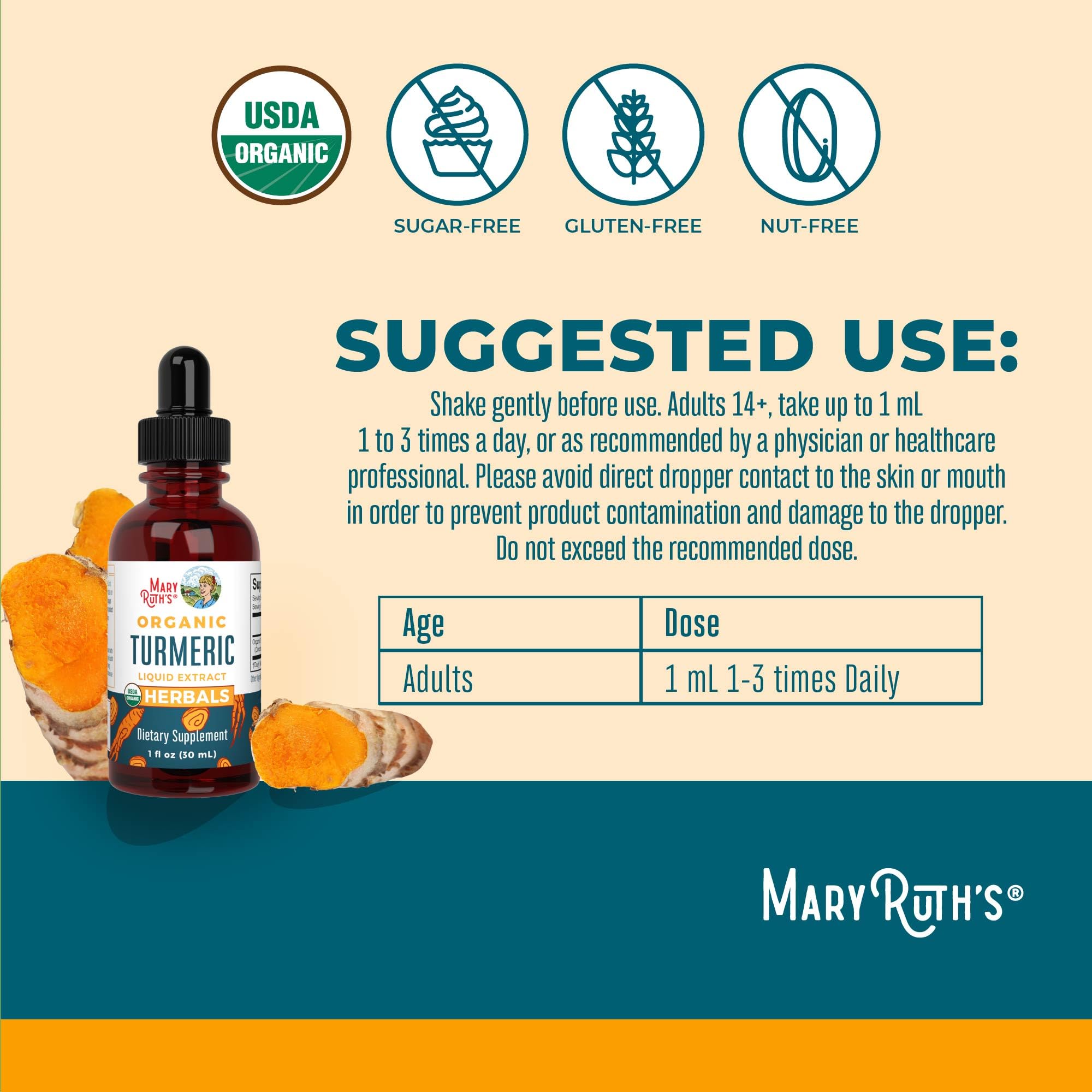 Usage guide image showing dropper and dosage up to 30 drops per day