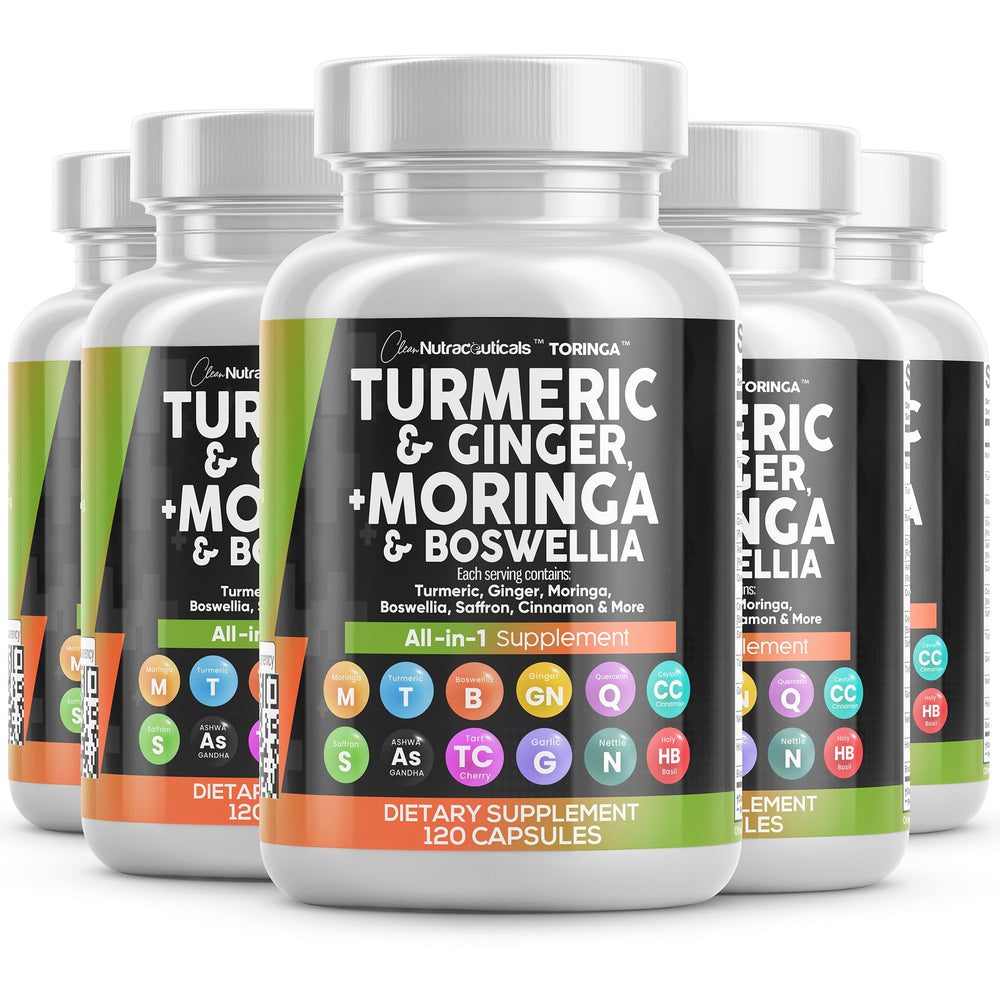 All-in-one Turmeric Moringa supplement bottle with turmeric and ginger