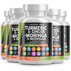 All-in-one Turmeric Moringa supplement bottle with turmeric and ginger