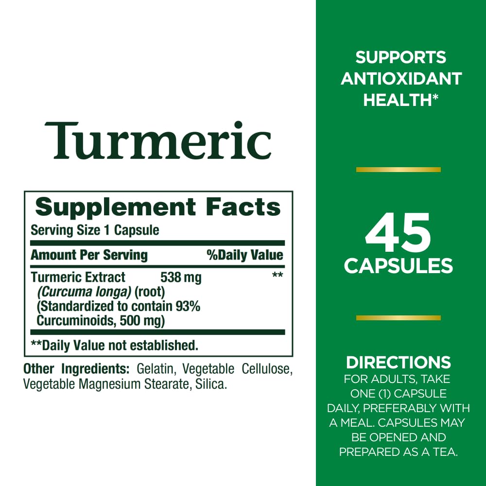 Turmeric pills label showing 538 mg and Non-GMO