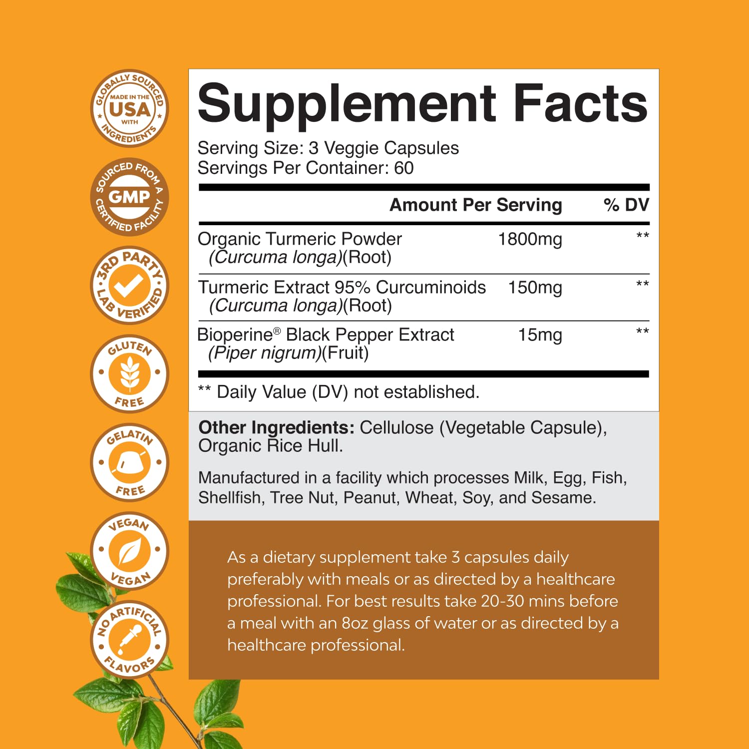 Turmeric root extract capsules labeled 1800 mg