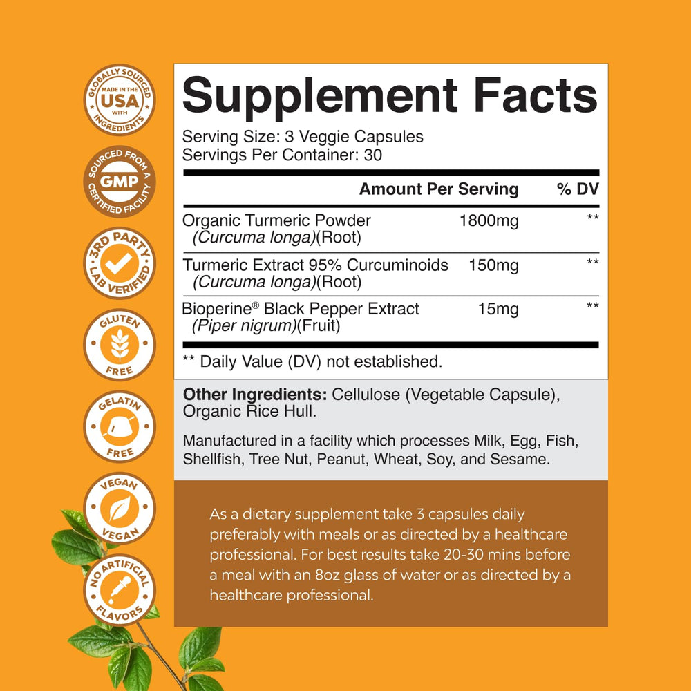 Label showing 1800mg turmeric root extract