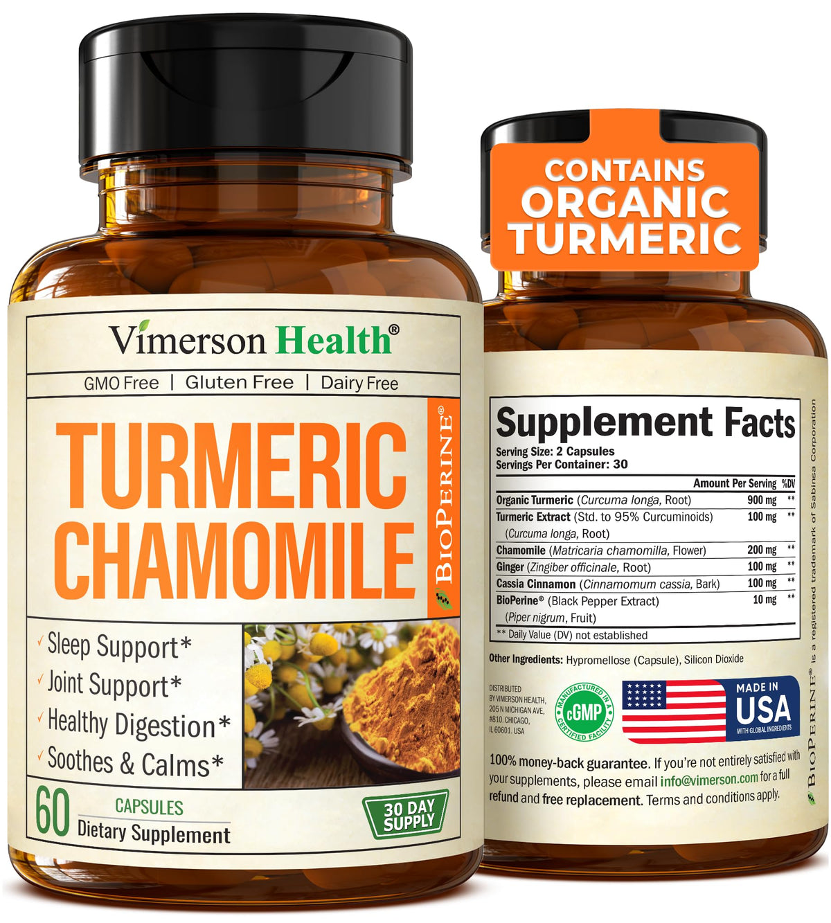 Bottle of Turmeric Sleep Capsules with Chamomile label close-up
