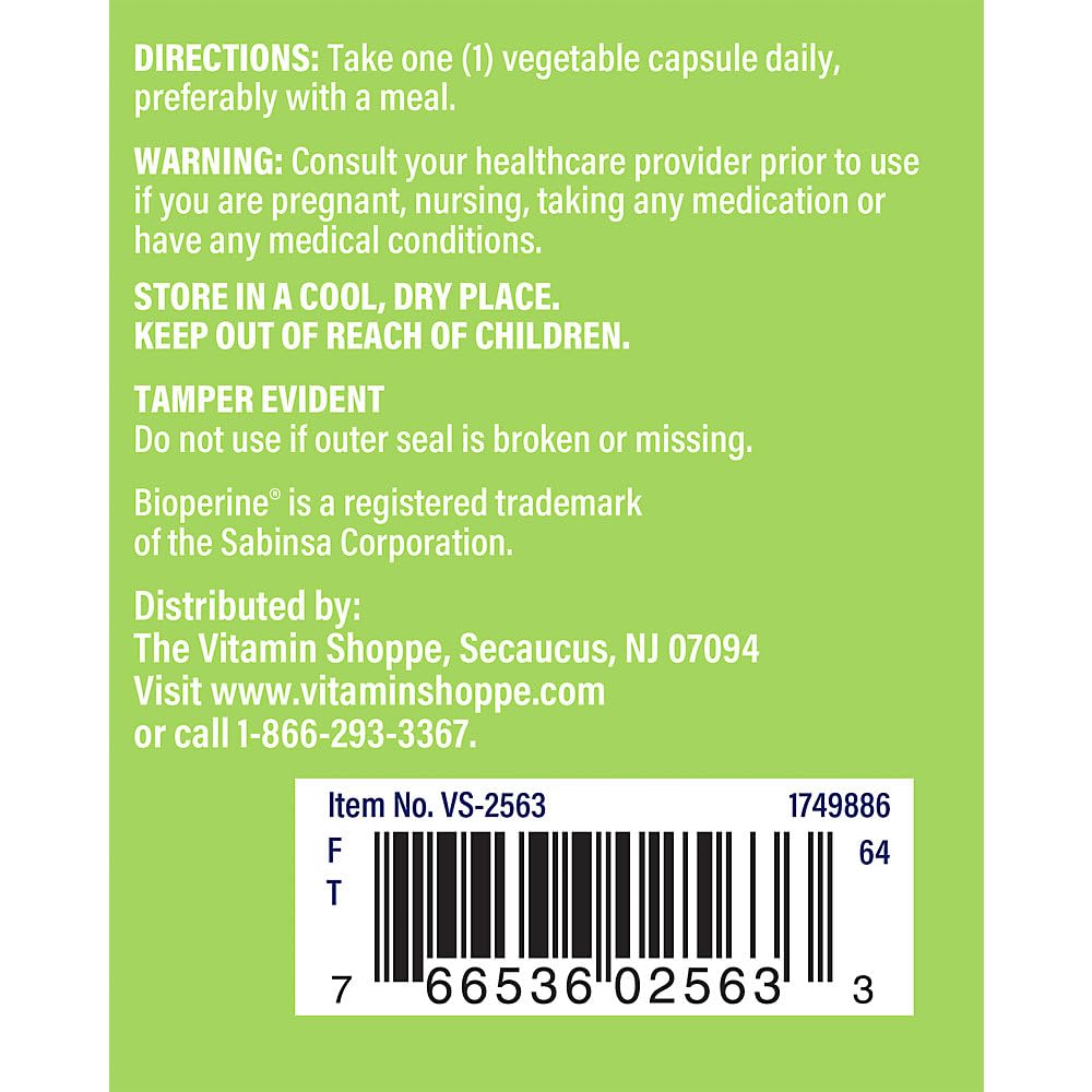 Supplement facts label for The Vitamin Shoppe Turmeric product.