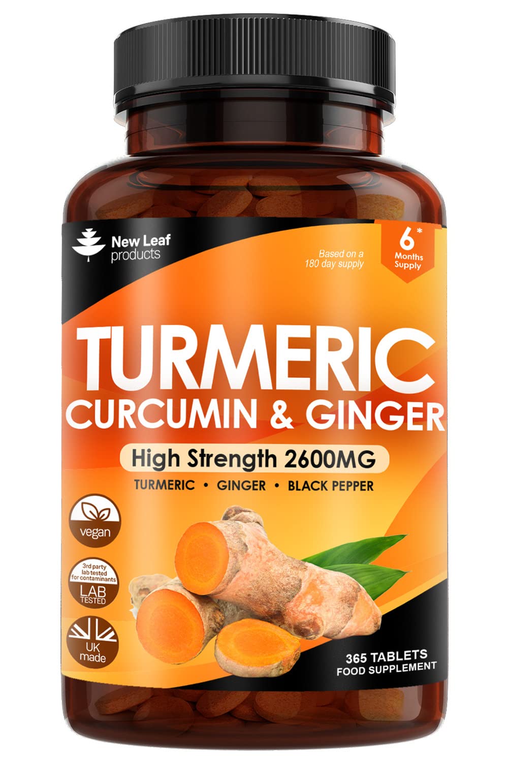Front view of New Leaf Turmeric Tablets bottle