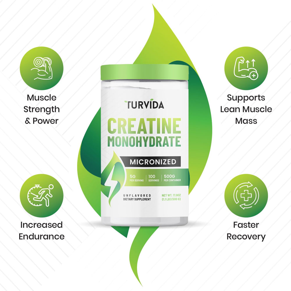 Pure micronized creatine powder (unflavored) in container