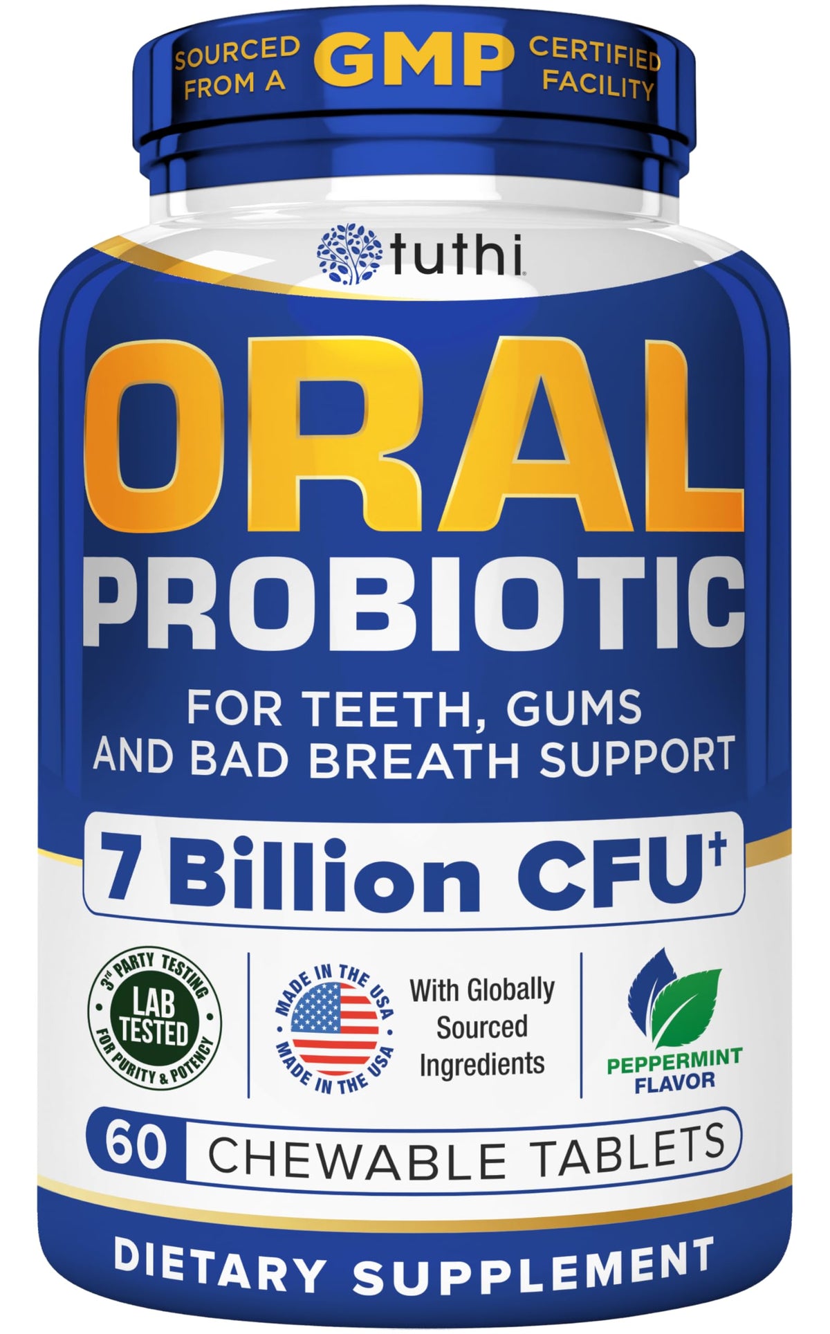 Tuthi Oral Probiotics lozenges package with peppermint flavor