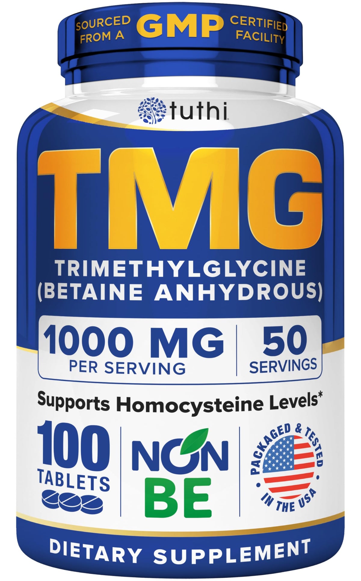 Tuthi TMG Supplement bottle label showing 1000mg trimethylglycine
