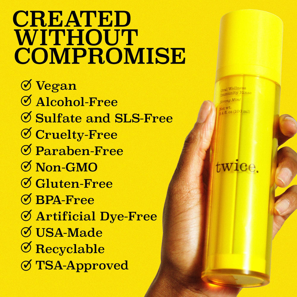 Alcohol-free, vegan mouthwash branding for Twice Twice Immunity Rinse