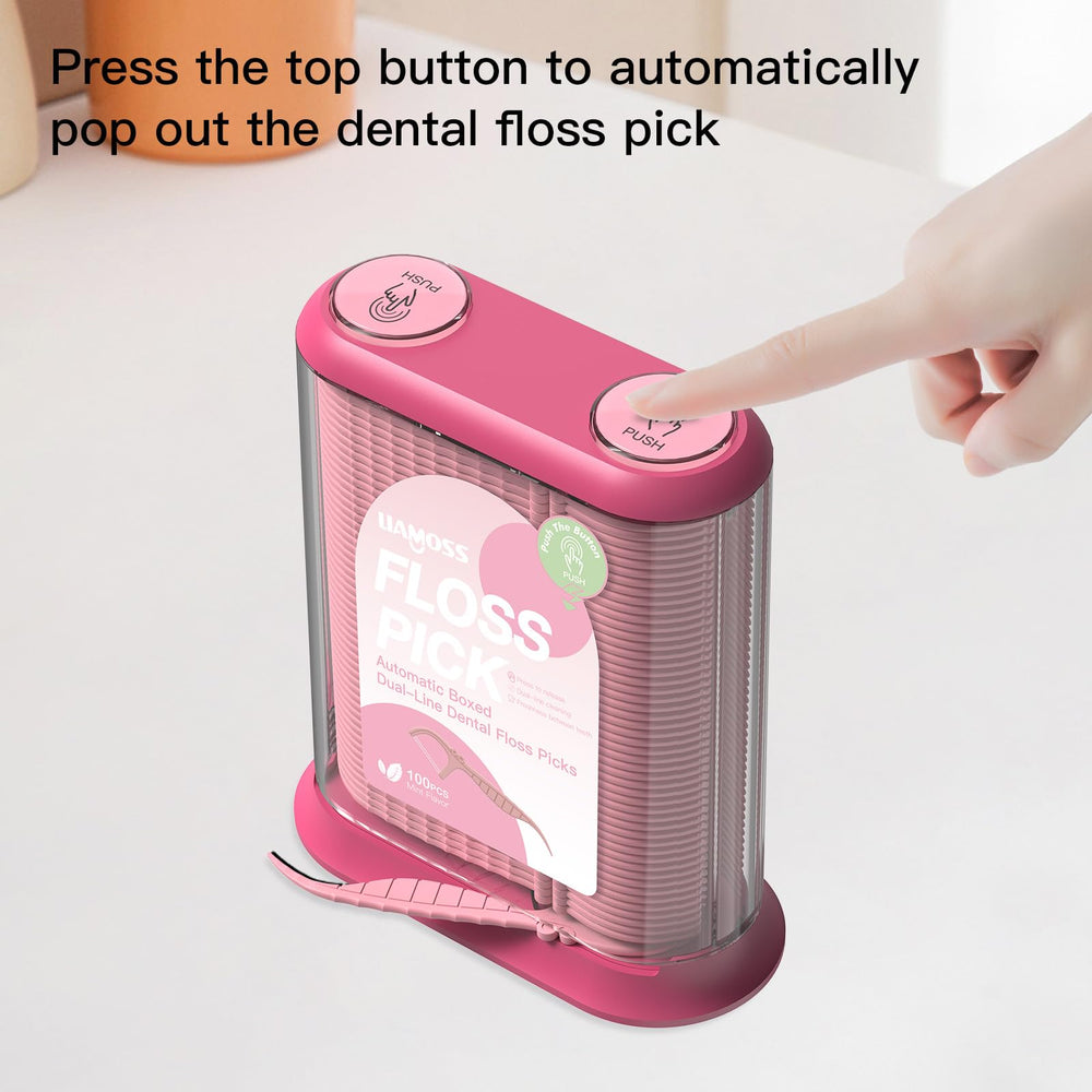 Open dispenser showing 100 floss sticks ready to dispense
