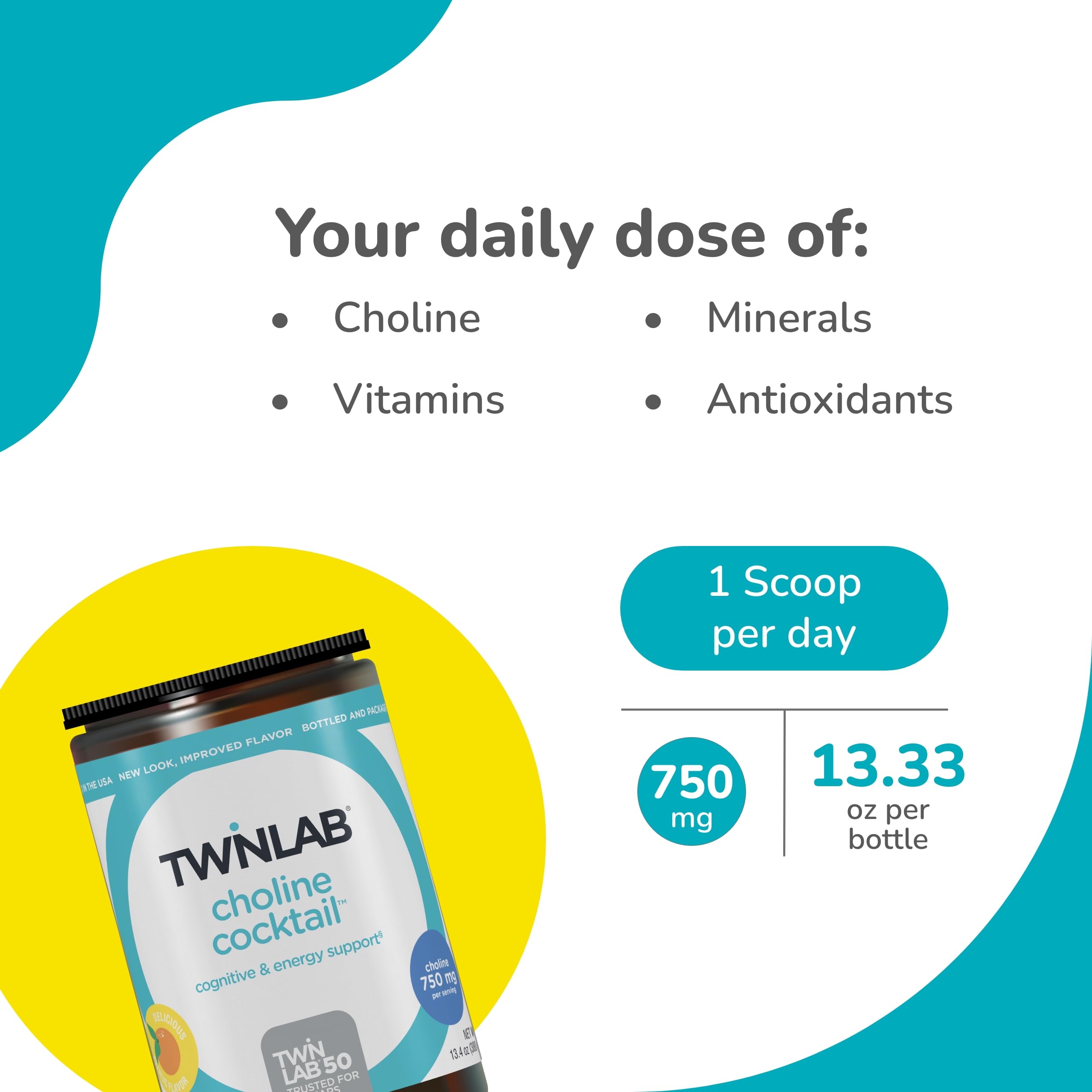 Twinlab Choline Cocktail dispensed powder in glass emphasizes quick preparation for focus.