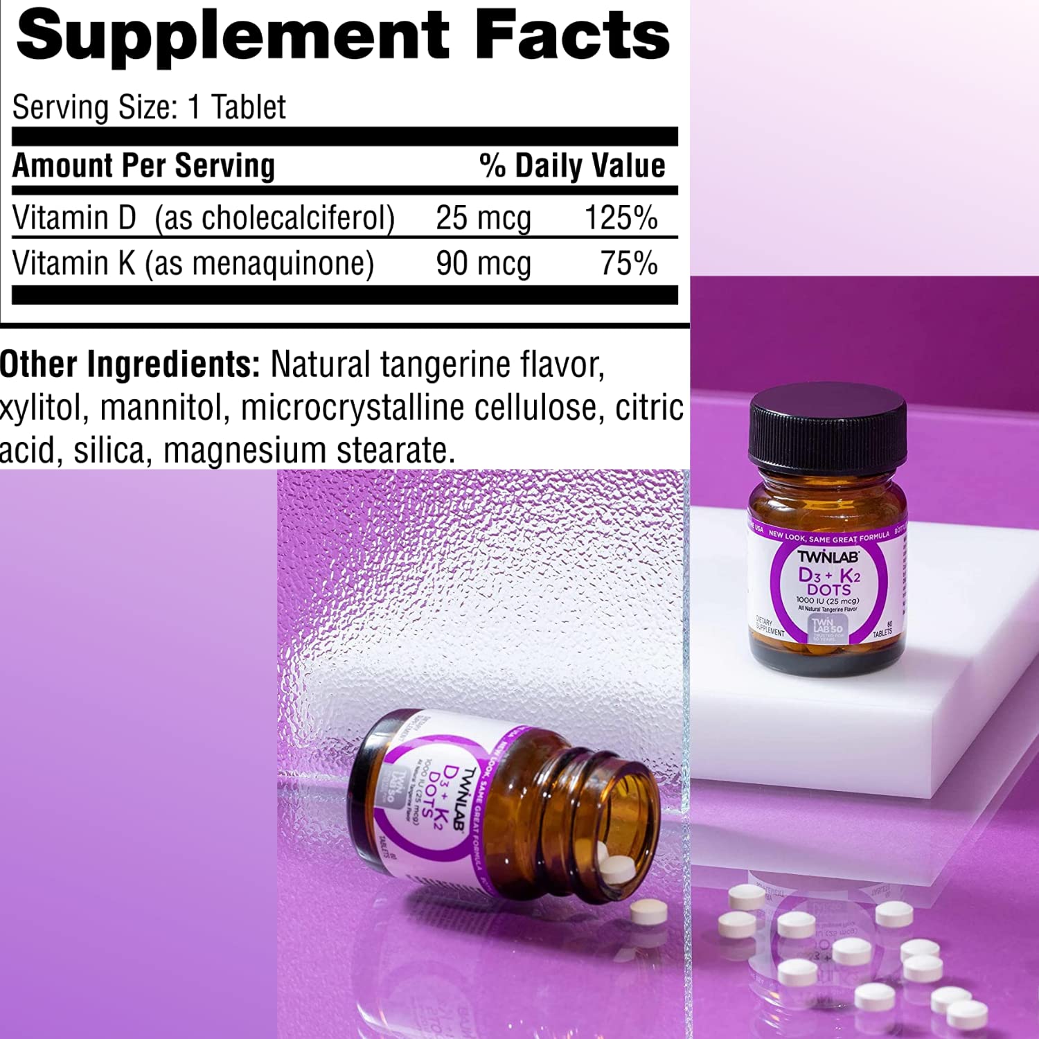 Back view of Twinlab Vit D3 1000 & K2 Dots 3-pack