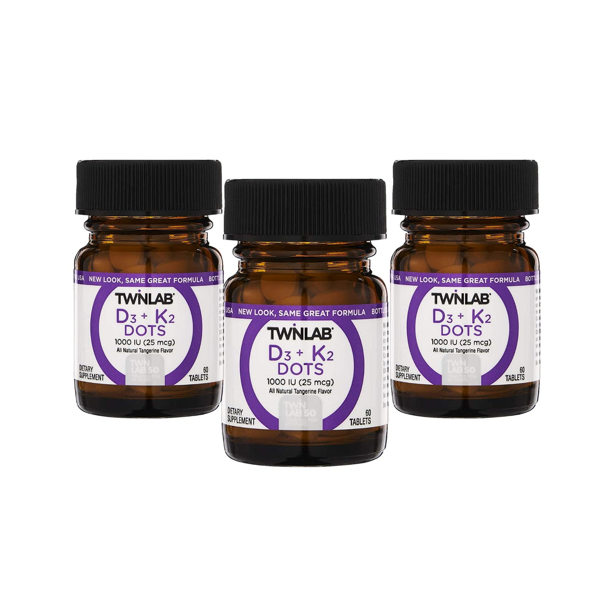 Front view of Twinlab Vit D3 1000 & K2 Dots 3-pack
