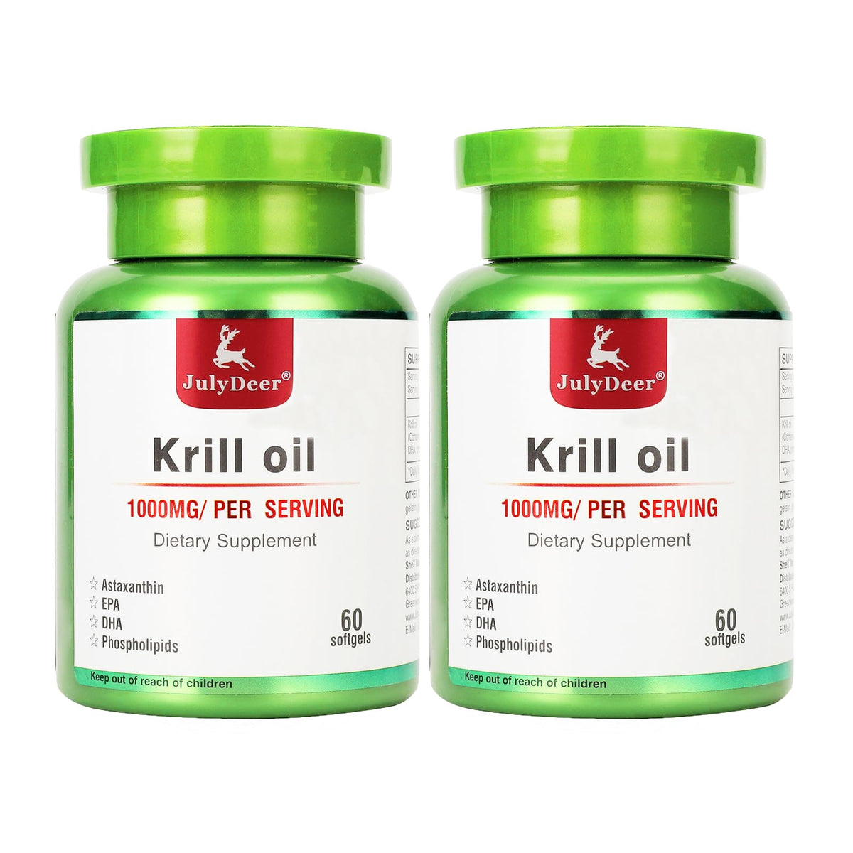 Hero shot of two bottles of Antarctic Krill Oil 1000 mg with 120 softgels total