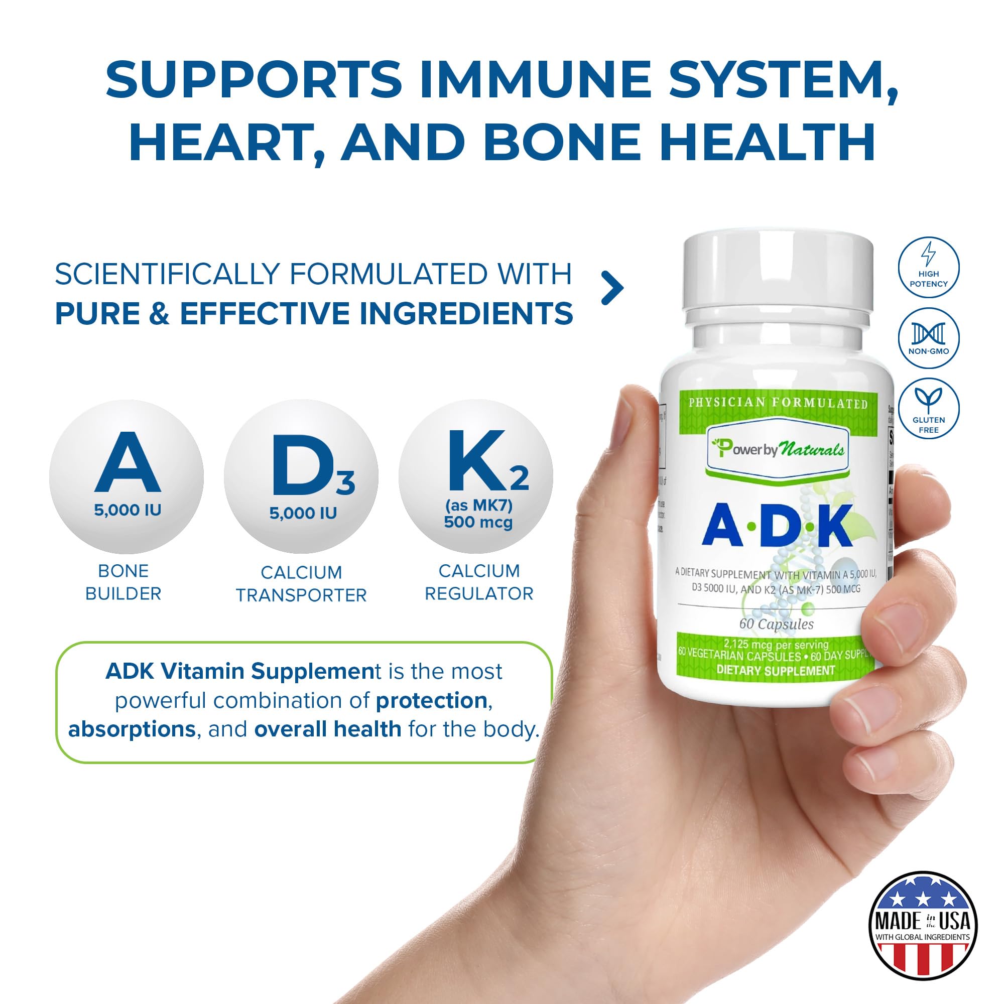 Two-month supply of 60 capsules for ADK vitamin supplement.