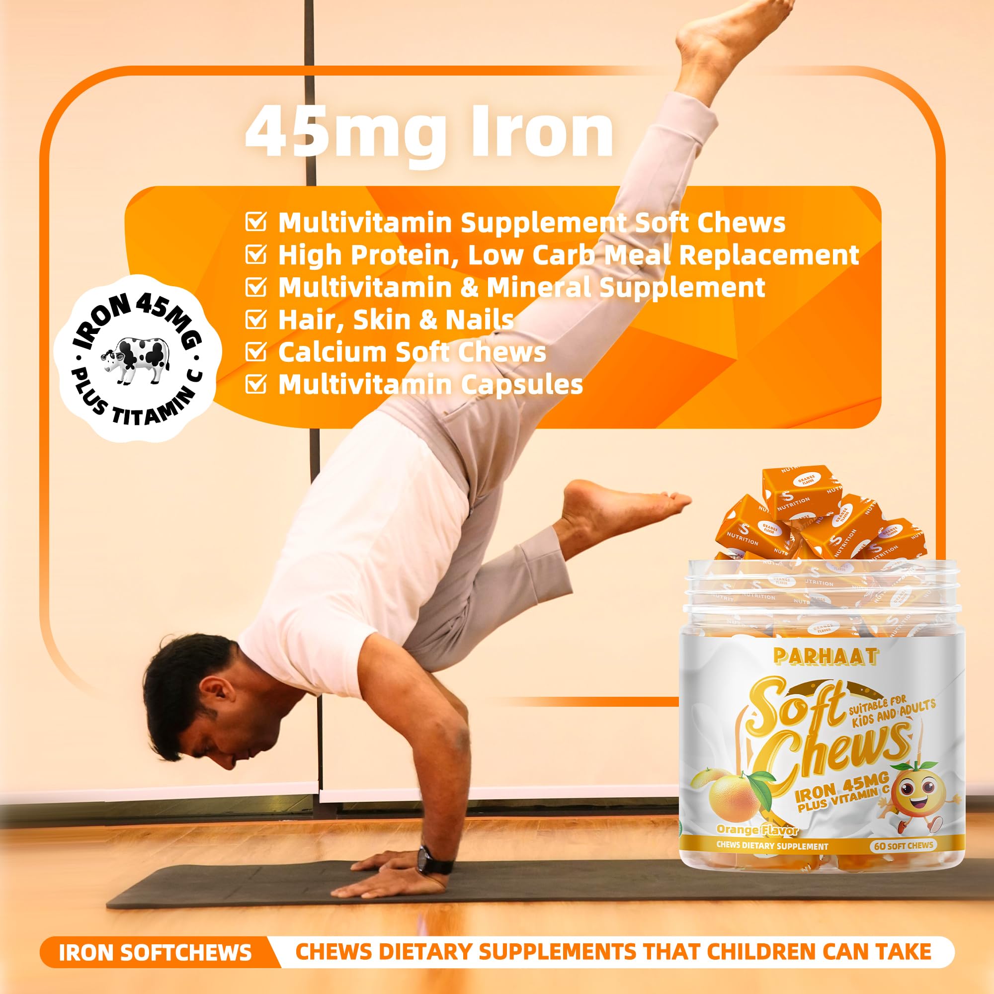 Label indicating a two-month supply of iron soft chews