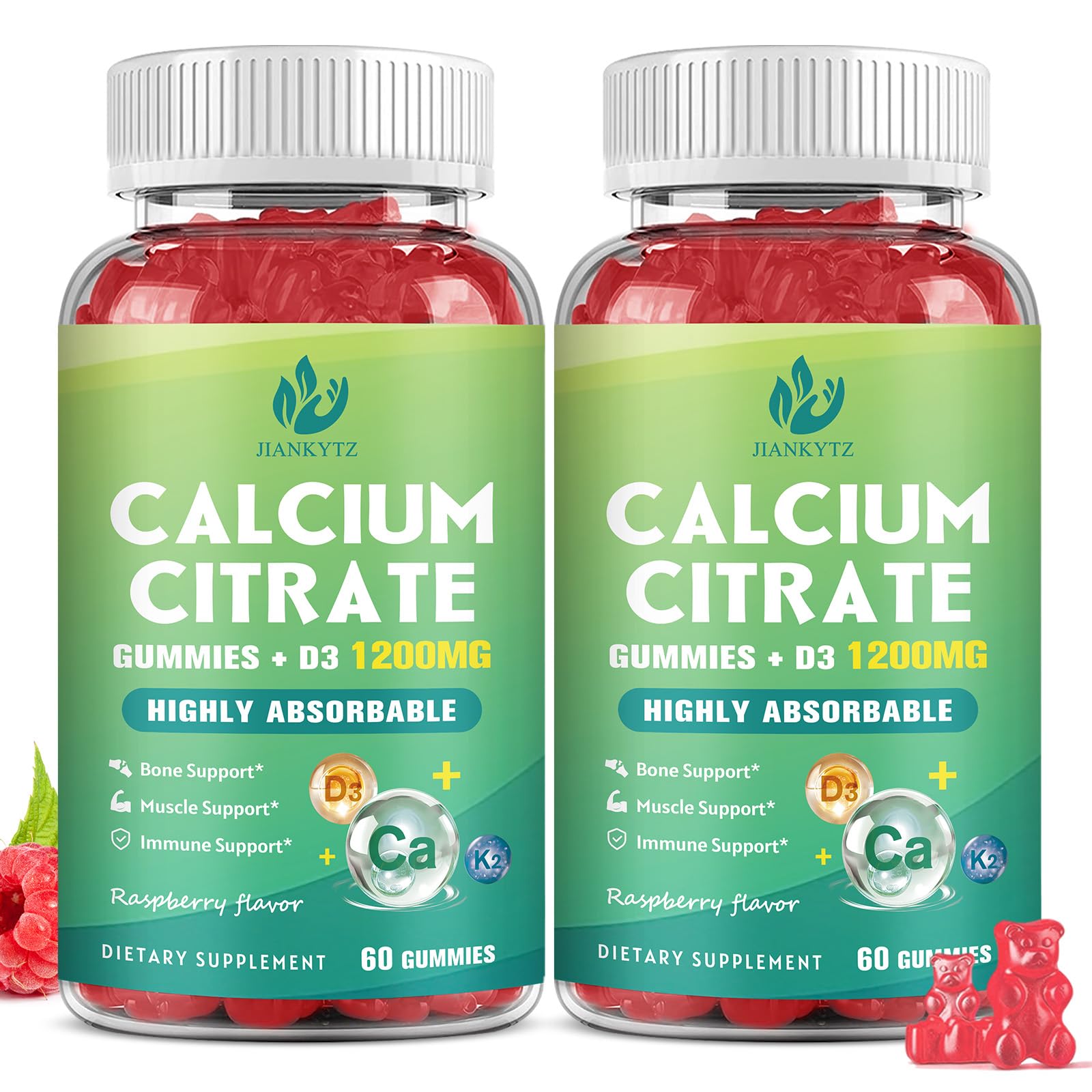 Two-pack 1200mg calcium citrate gummies with vitamin D3 and K2 in raspberry flavor