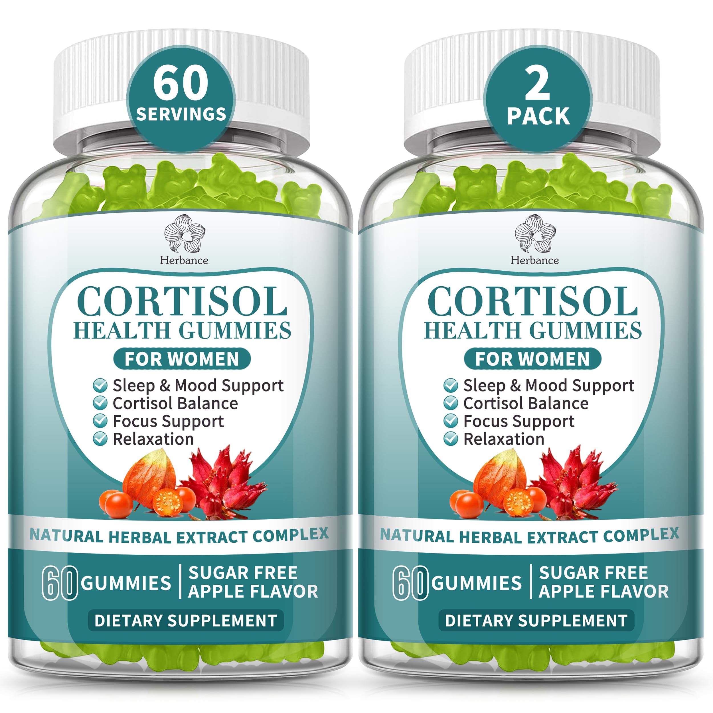 Two-pack cortisol gummies for women bottle with label