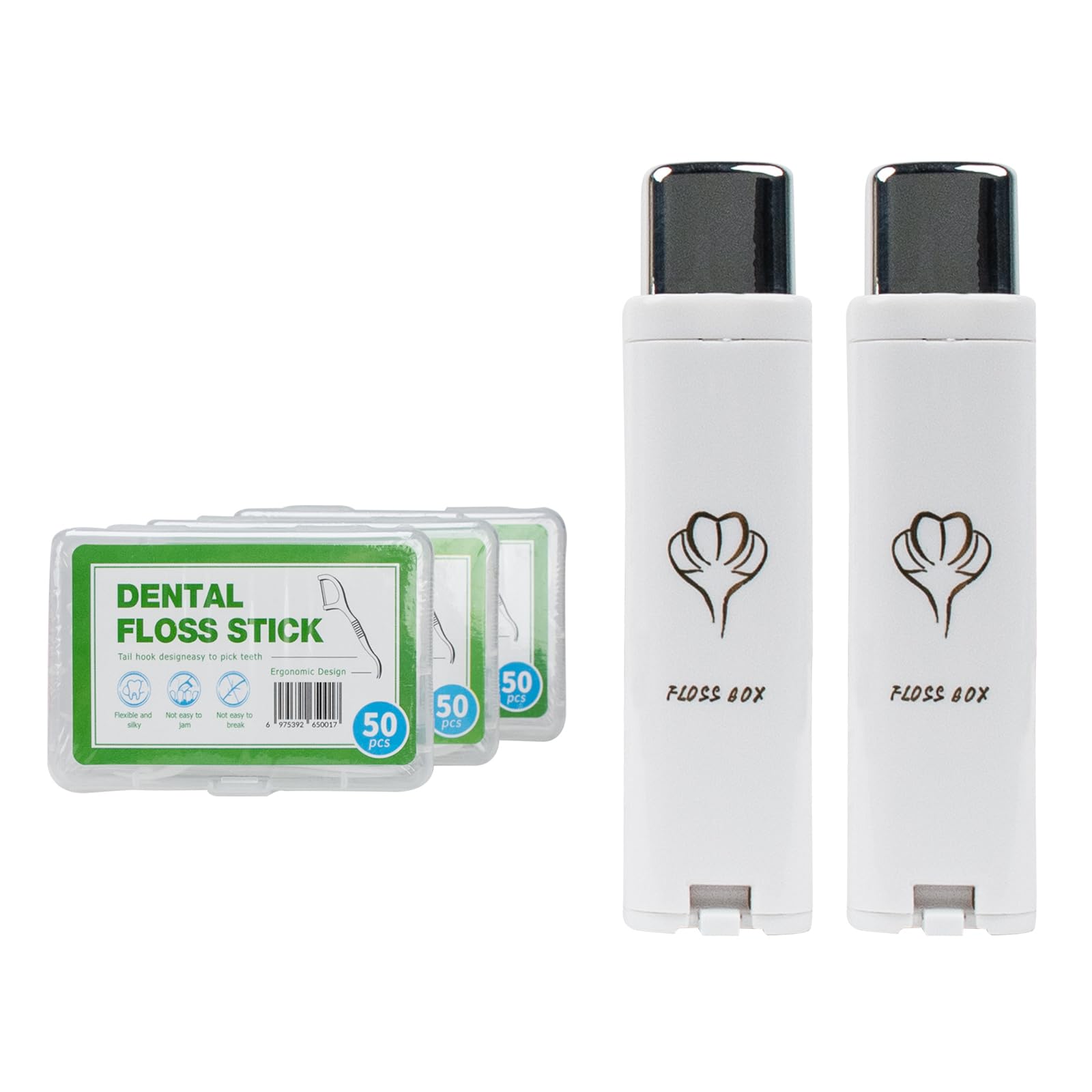 Front view of 2-pack portable dental floss dispenser in white