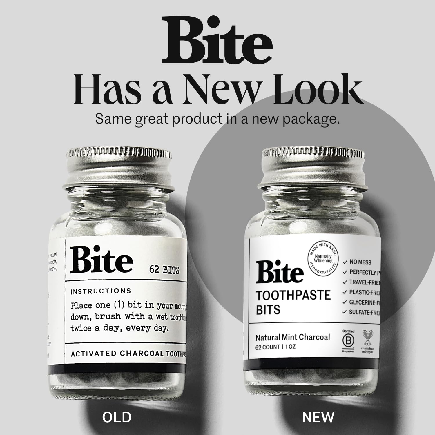 Two reusable glass bottles containing Bite Toothpaste Bits