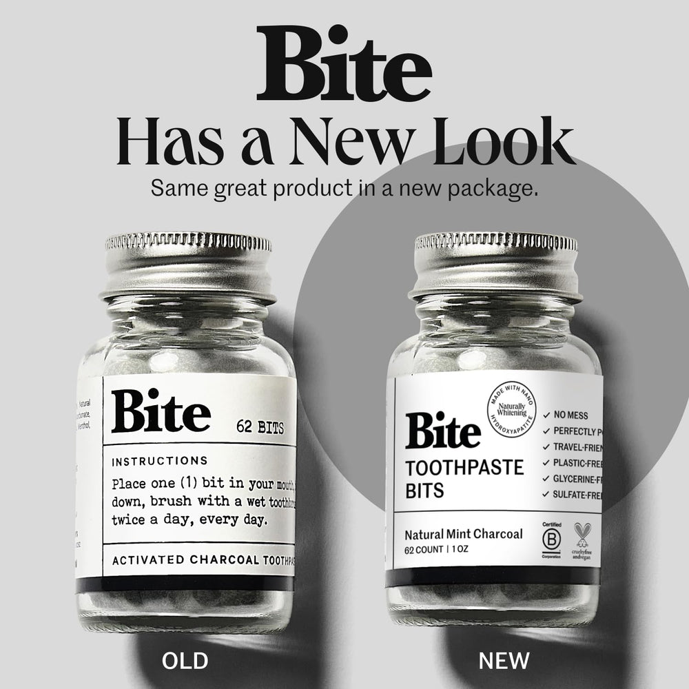 Two reusable glass bottles containing Bite Toothpaste Bits