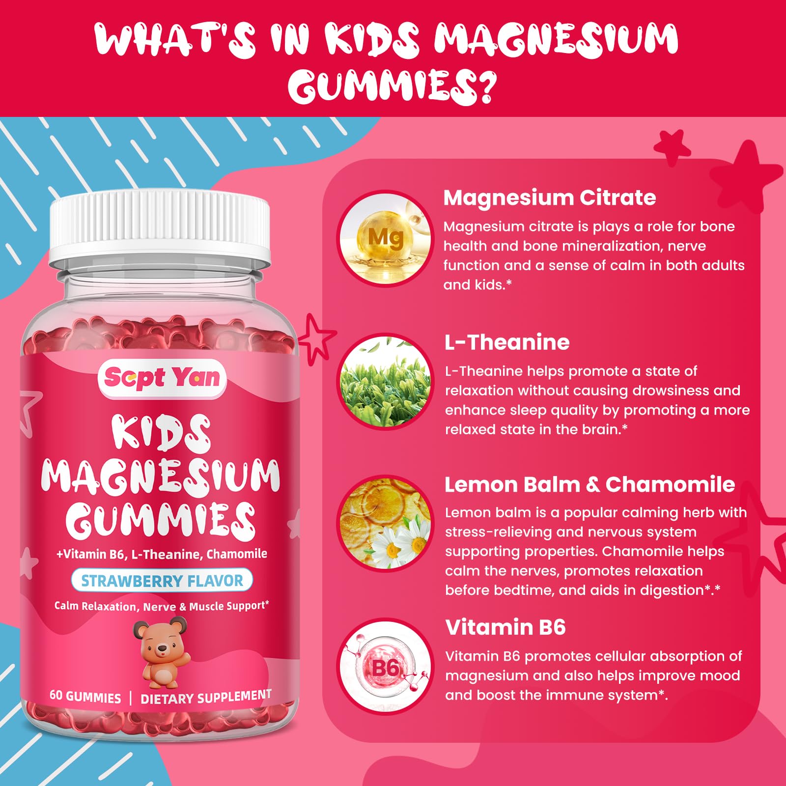 Magnesium Gummies for Kids bottle and gummies - strawberry flavor