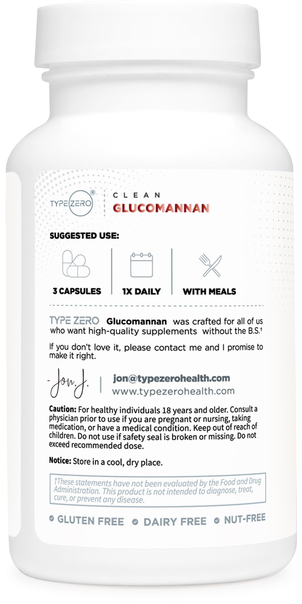 Type Zero glucomannan Konjac bottle side showing 30 servings, gluten-free and non-GMO