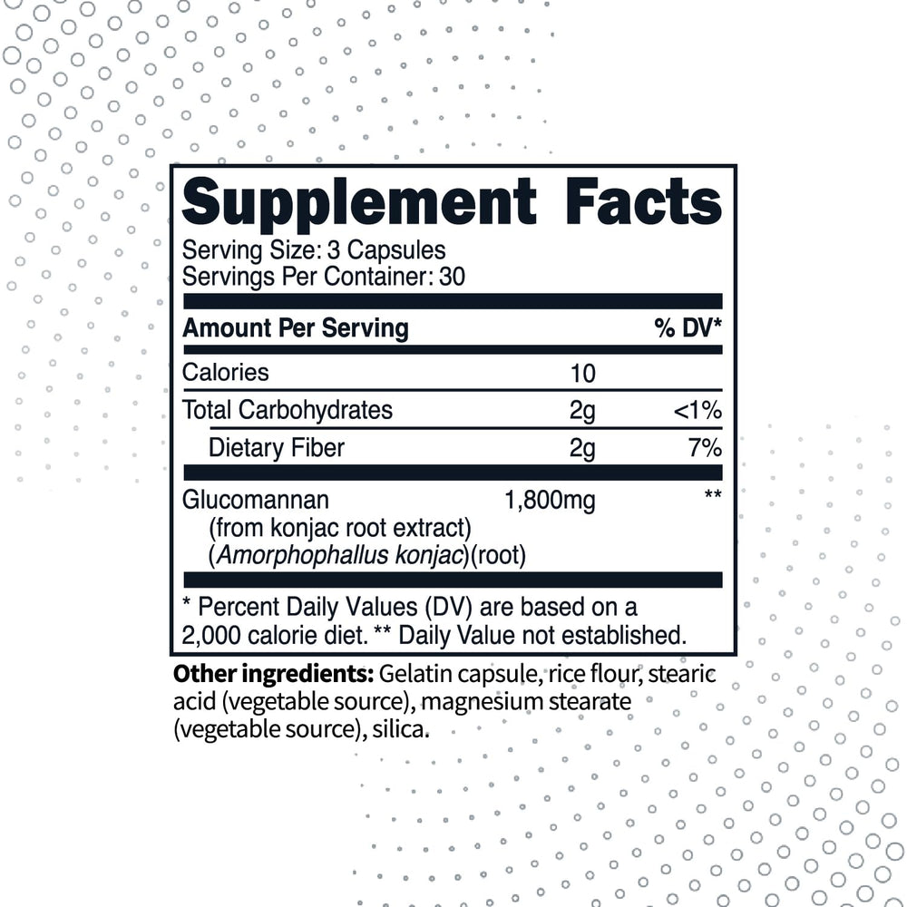 Type Zero glucomannan Konjac capsules close-up highlighting 1,800 mg serving for convenient supplementation