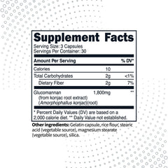 Type Zero glucomannan Konjac capsules close-up highlighting 1,800 mg serving for convenient supplementation