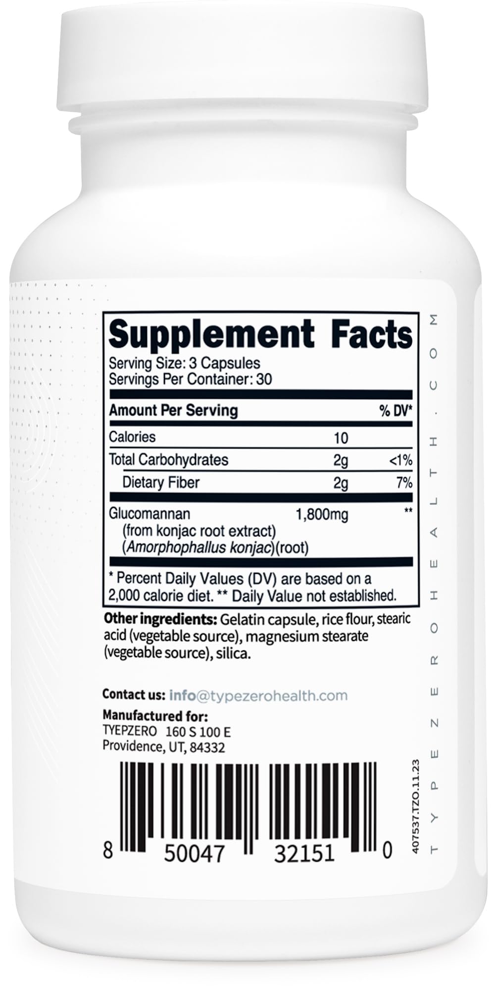 Type Zero Konjac extract ingredients label emphasizing quality with third-party testing