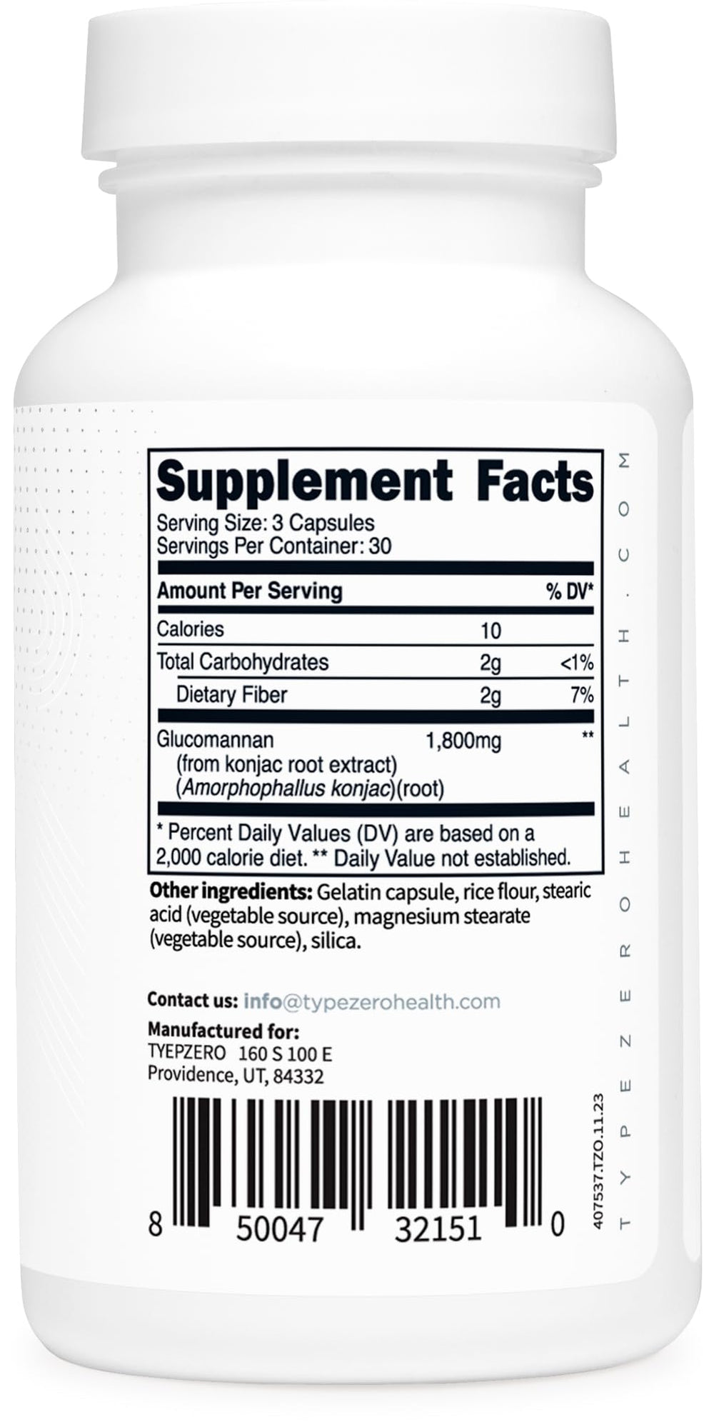 Type Zero Konjac extract ingredients label emphasizing quality with third-party testing