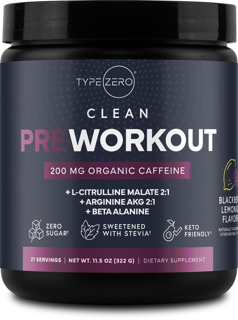 Type Zero Clean Pre Workout blackberry-lemonade bottle for steady energy