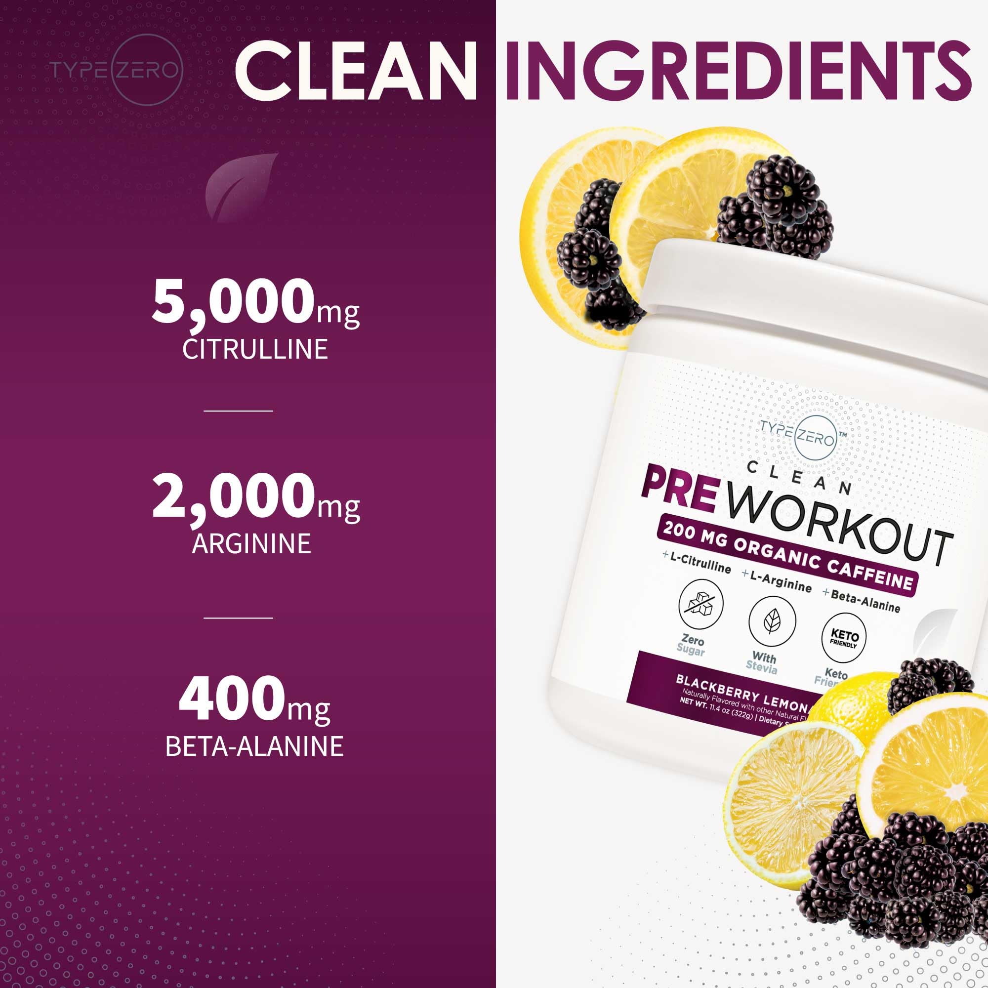 Type Zero Clean Pre Workout taste-burst image emphasizes Blackberry Lemonade flavor