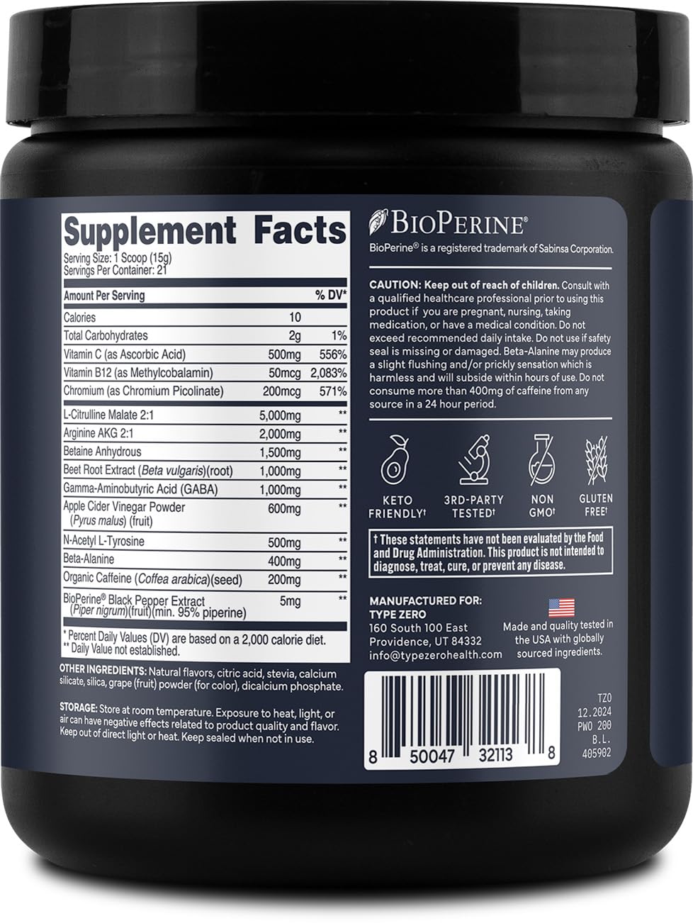 Type Zero Clean Pre Workout US facility badge indicating lab-tested quality
