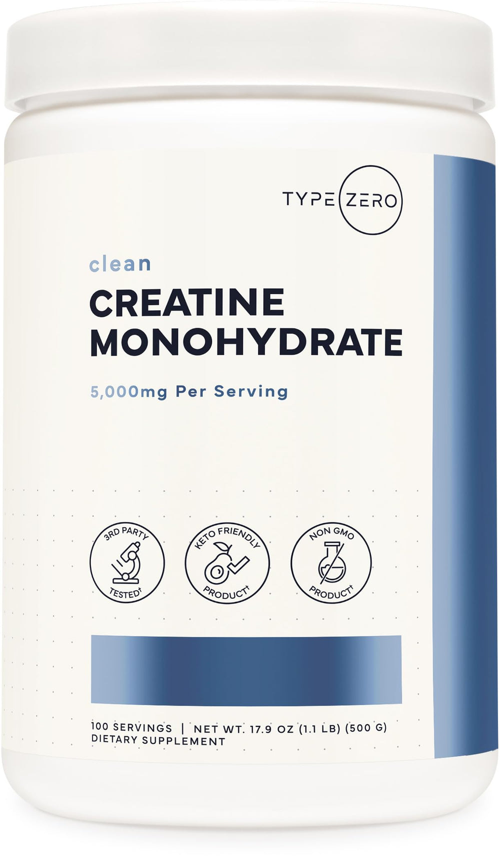 Front view of Type Zero Creatine Monohydrate Powder 500g unflavored