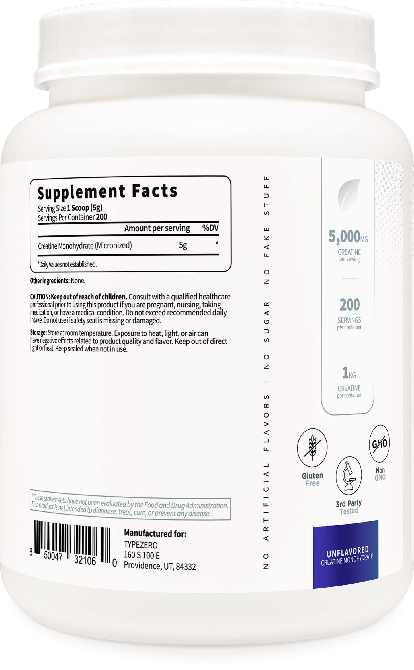 Ingredients and specifications for Type Zero Creatine Monohydrate