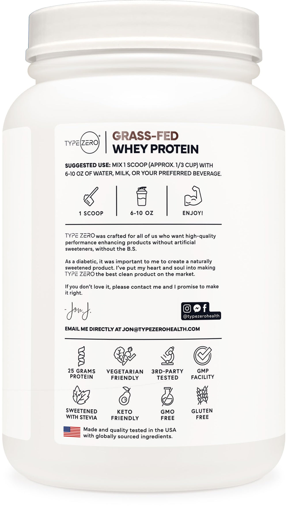 Type Zero grass-fed whey scoop beside container for quick high-protein shakes