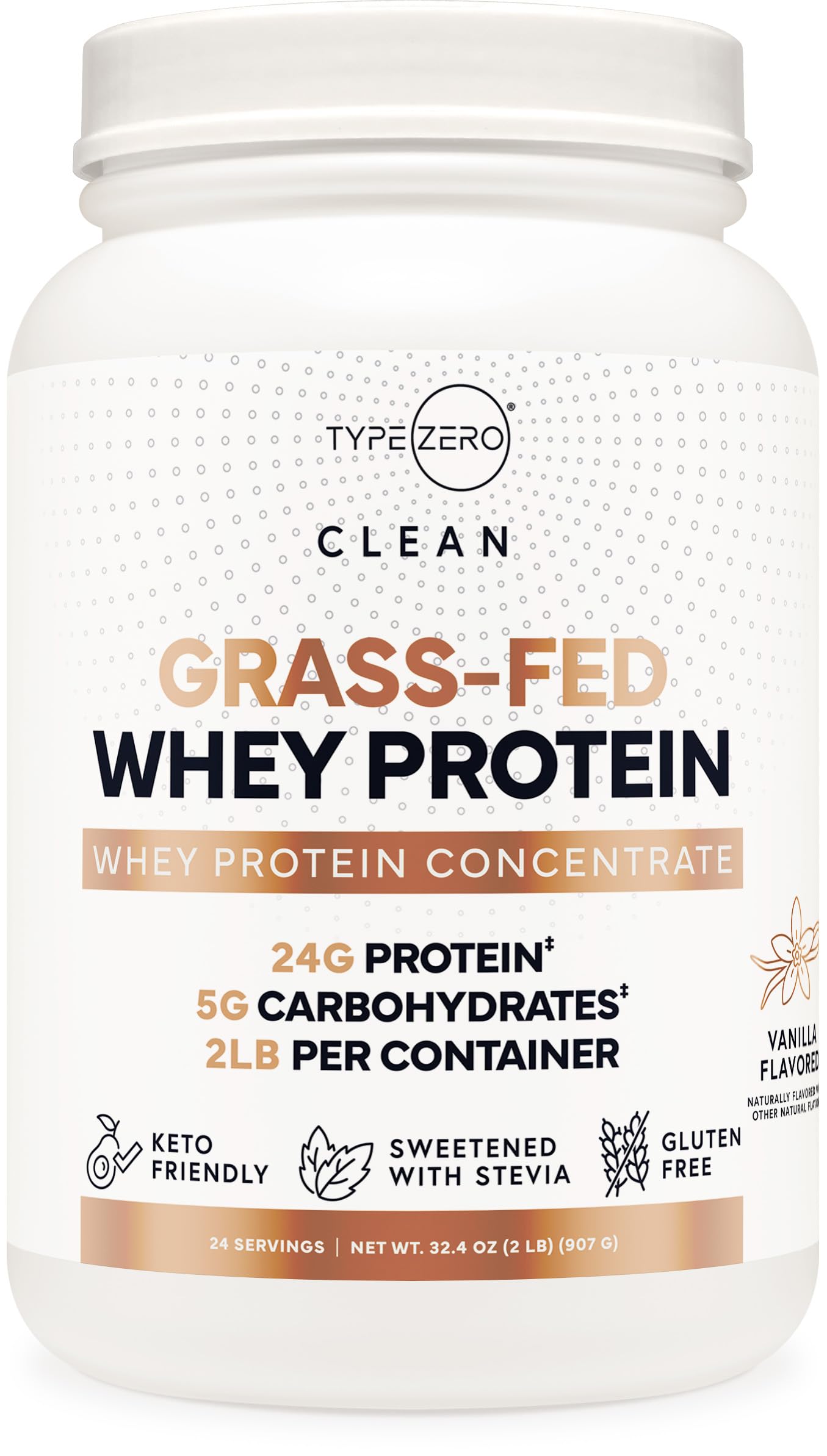Type Zero Grass Fed Whey Vanilla bottle front showcasing premium protein for active lifestyles