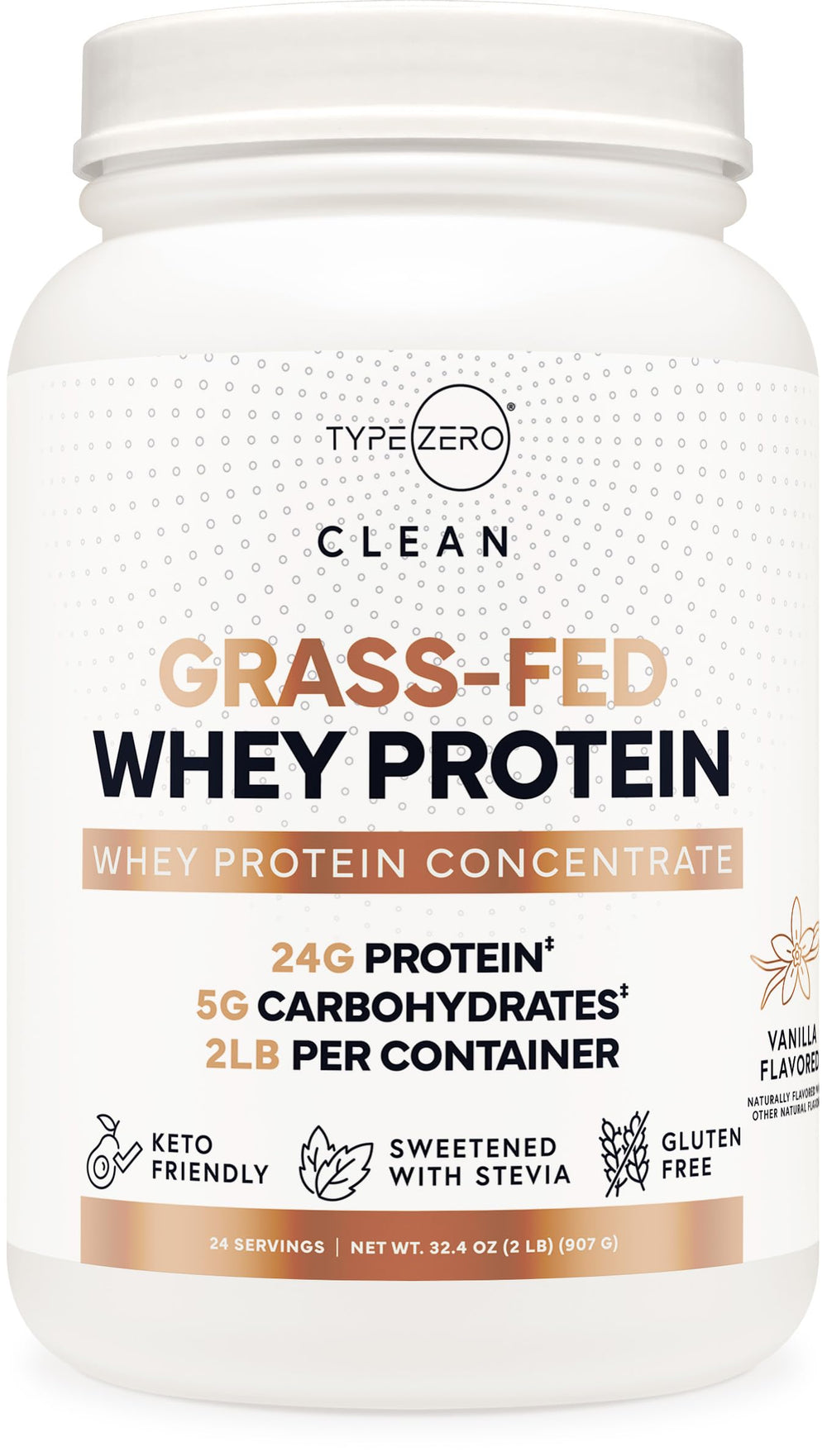 Type Zero Grass Fed Whey Vanilla bottle front showcasing premium protein for active lifestyles