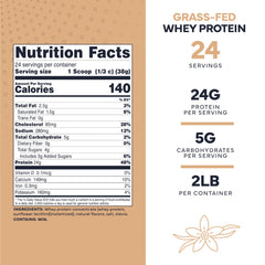 Type Zero Grass Fed Whey Vanilla label highlights protein per serving for informed nutrition choices