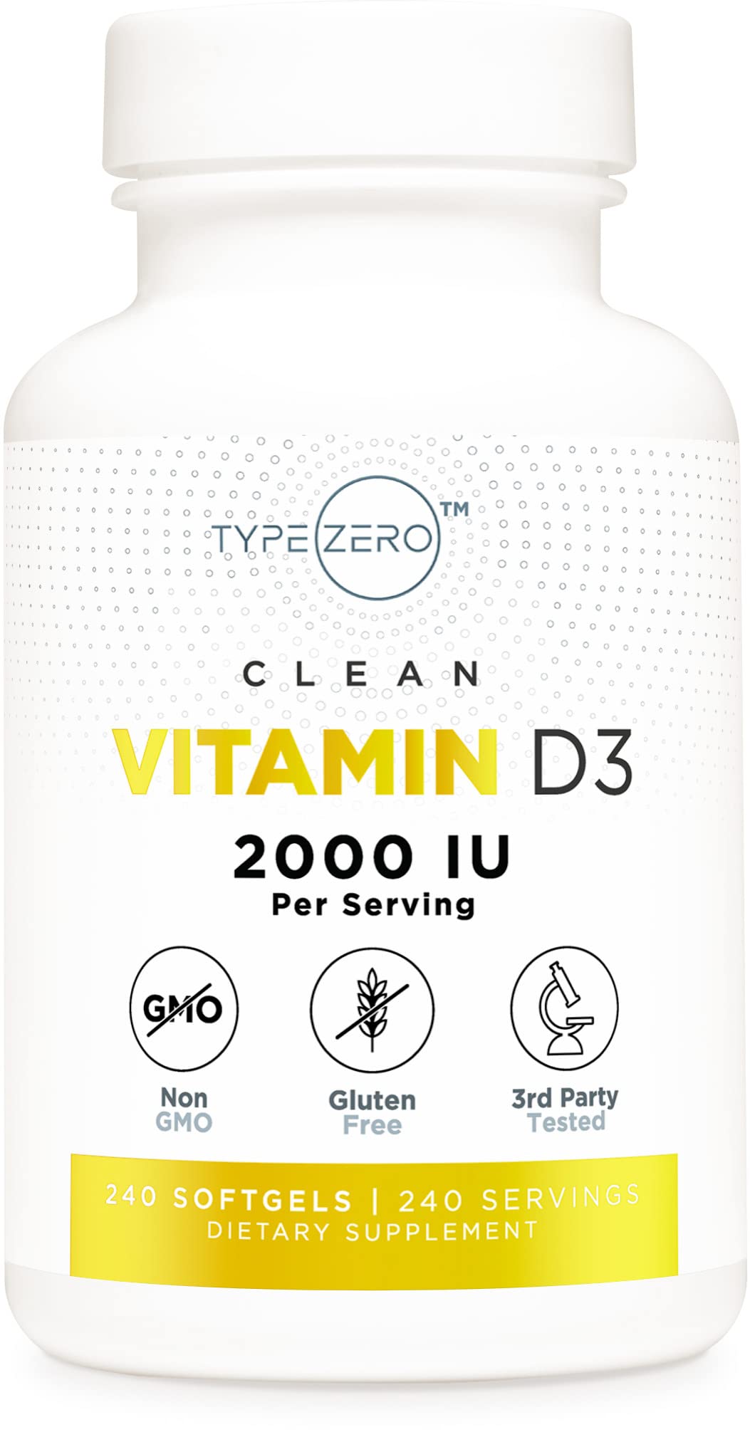 Type Zero Vitamin D3 2000 IU bottle with 240 softgels