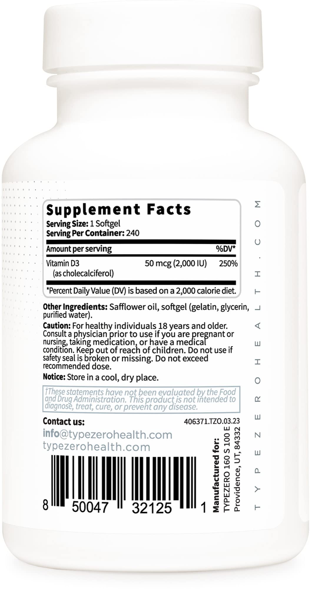 Front view of Type Zero Vitamin D3 2000 IU bottle