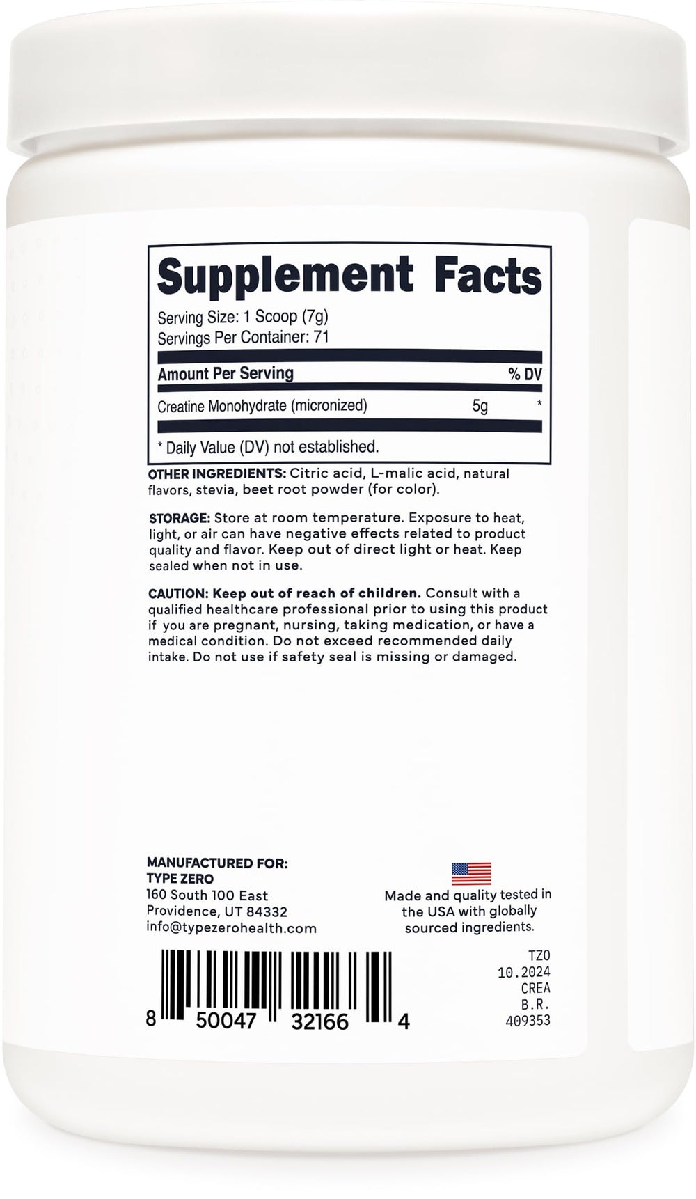 Container highlighting 71 servings per 500g package